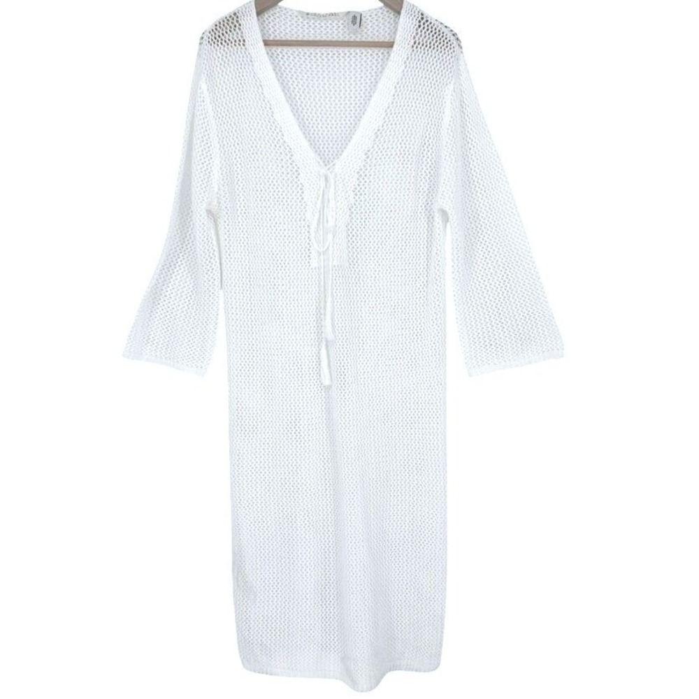 Green Label White Crochet Knit Tie Tassel Swim Cover‎ Up Dress M Boho